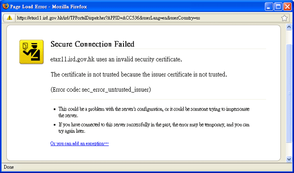 Warning screen by Firefox 3 - "Secure Connection Failed"