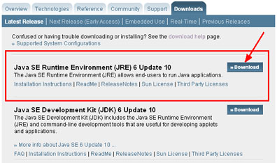 Sample screen for Java download