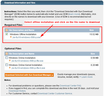 Sample screen for selecting Java offline installation