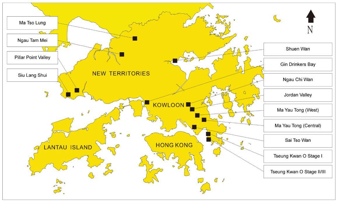 Location of the thirteen closed landfills in Hong Kong