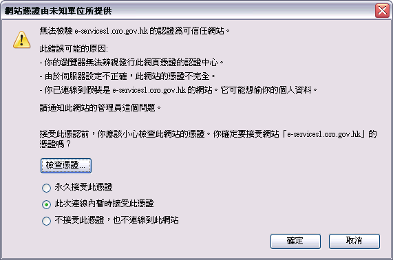 「網站憑證由未知單位所提供」的警告圖