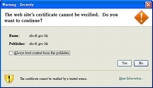 Warning screen for "The web site's certificate cannot be verified"